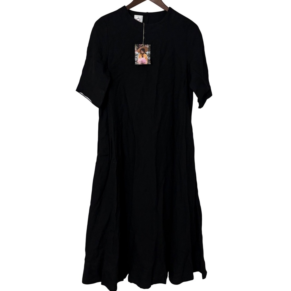 Son de Flor Linen Midi Dress Women XS Black Minimal Capsule Lagenlook NEW W FLAW